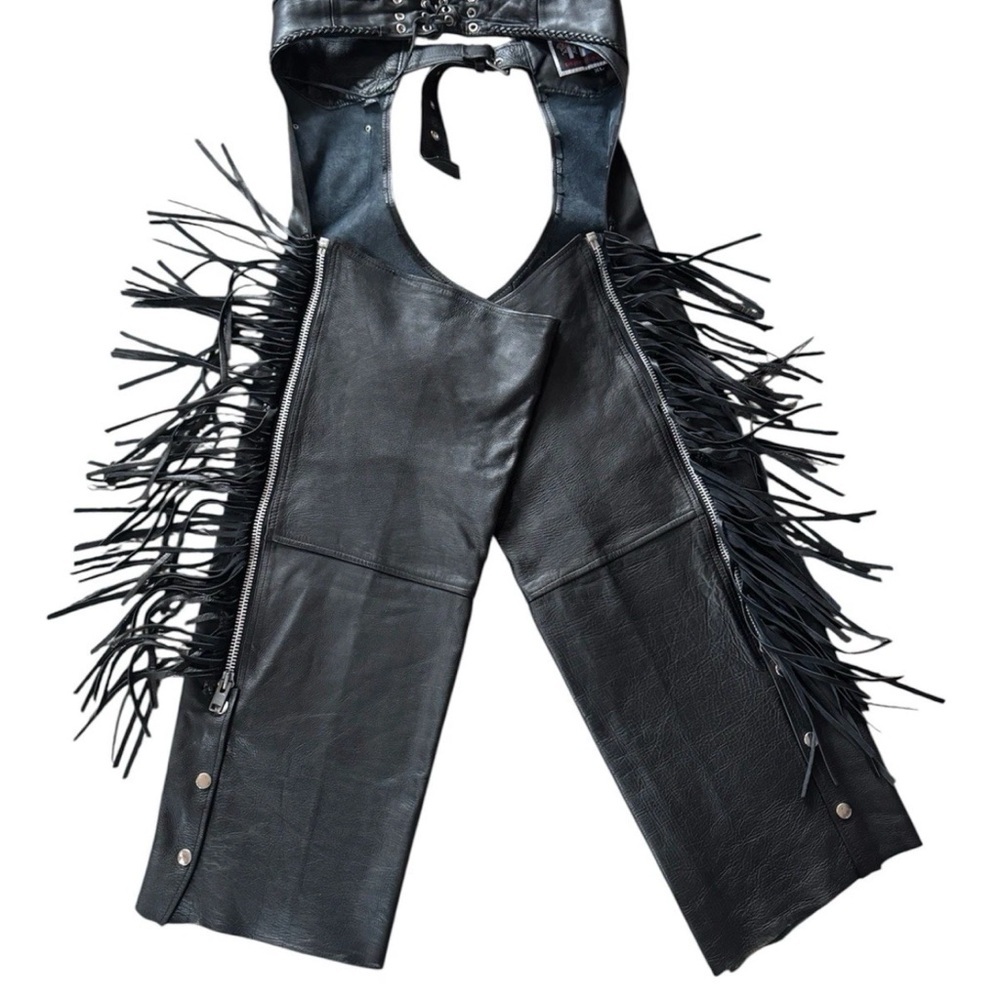 Vintage Chicago Blues Leather Fringe Motorcycle Biker Chaps Women’s XL Black - Picture 2 of 9